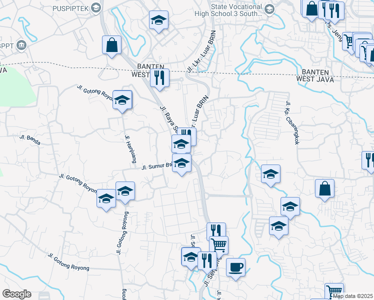 map of restaurants, bars, coffee shops, grocery stores, and more near 174 Jalan Serpong Raya in Bogor