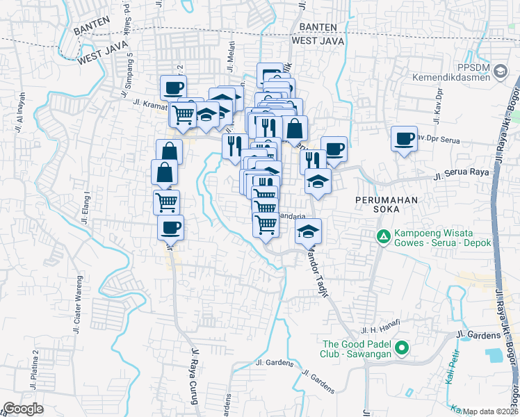 map of restaurants, bars, coffee shops, grocery stores, and more near 4 Jalan Terusan Haji Nawi Malik in Kota Depok