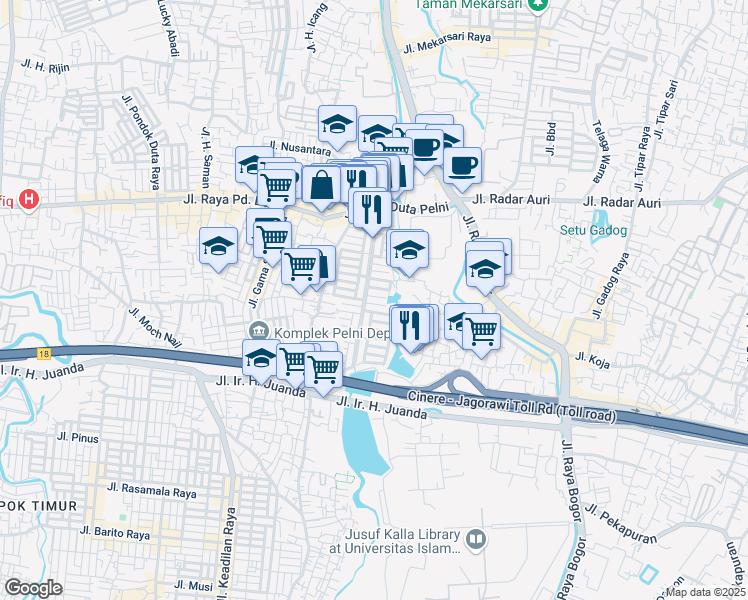 map of restaurants, bars, coffee shops, grocery stores, and more near 4 Jalan Kenanga X in Kota Depok