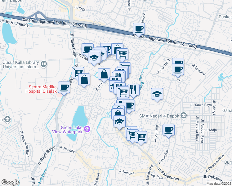 map of restaurants, bars, coffee shops, grocery stores, and more near 13 Jalan Pekapuran in Kota Depok