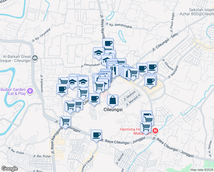 map of restaurants, bars, coffee shops, grocery stores, and more near 654 Jalan Raya Narogong in Bogor