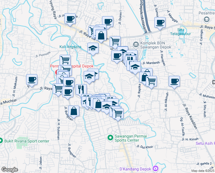 map of restaurants, bars, coffee shops, grocery stores, and more near 12 Blok A5 in Kota Depok
