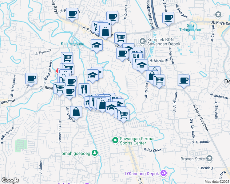 map of restaurants, bars, coffee shops, grocery stores, and more near 12 Blok A5 in Kota Depok