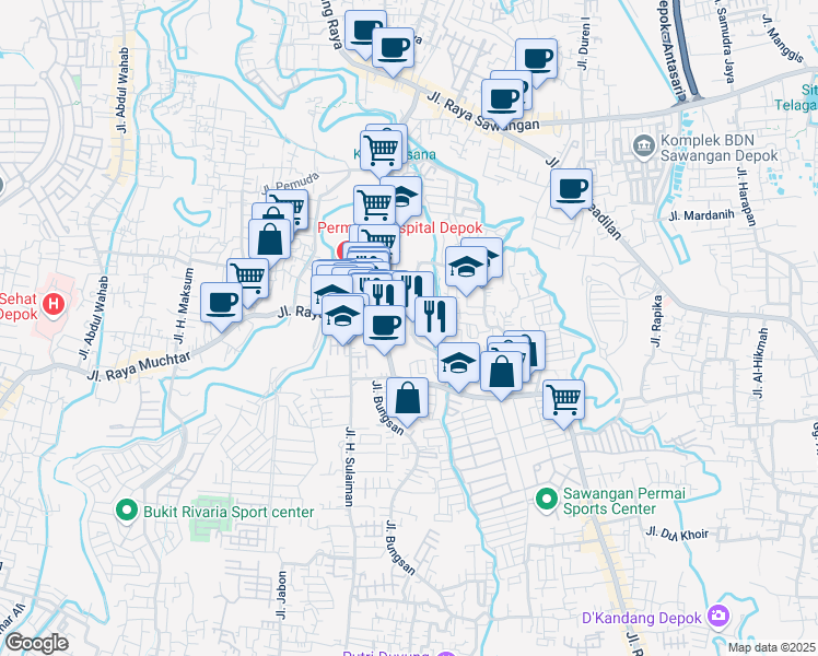 map of restaurants, bars, coffee shops, grocery stores, and more near in Depok City