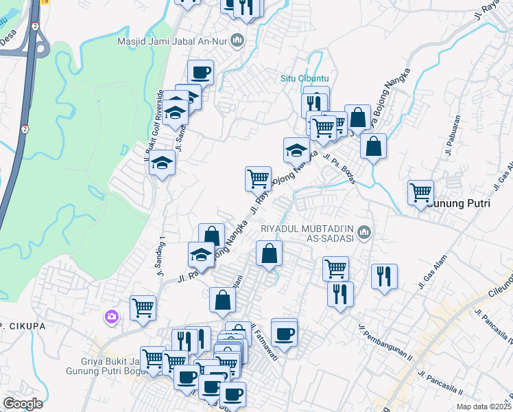 map of restaurants, bars, coffee shops, grocery stores, and more near 88 Jalan Raya Bojong Nangka in Bogor