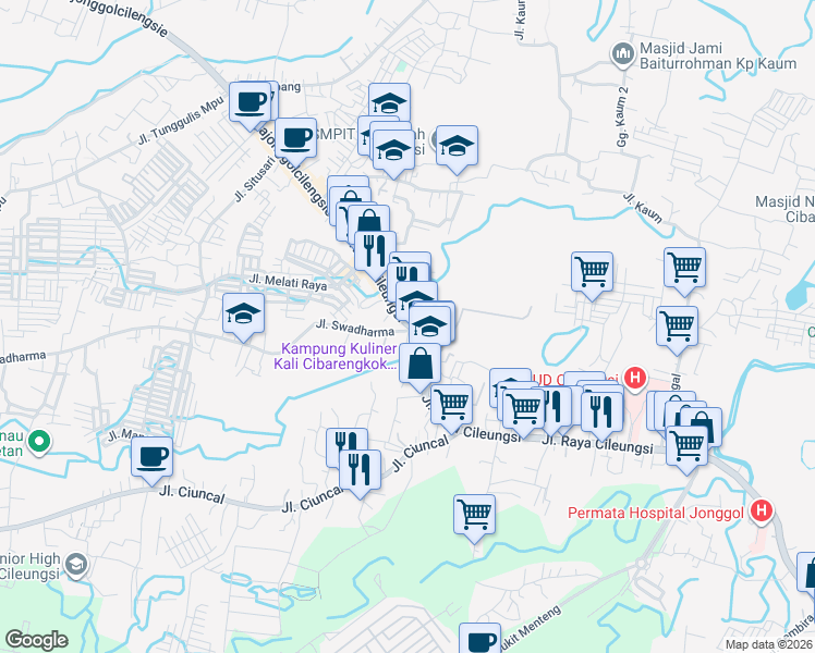 map of restaurants, bars, coffee shops, grocery stores, and more near Jalan Raya Cileungsi in Kabupaten Bogor