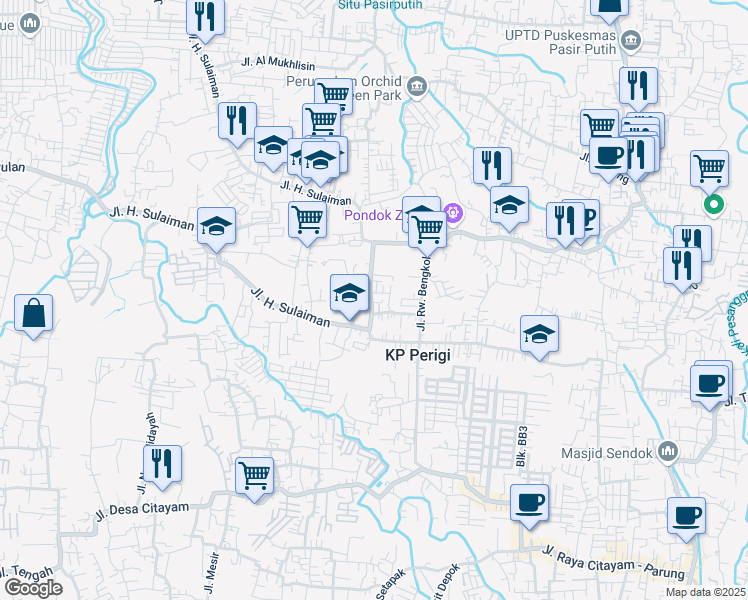 map of restaurants, bars, coffee shops, grocery stores, and more near 34 Jalan Jabon in Kota Depok