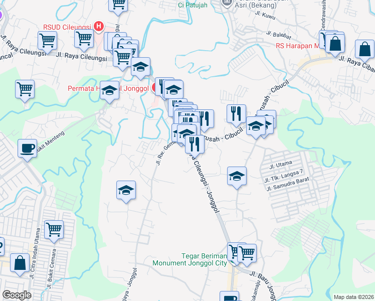 map of restaurants, bars, coffee shops, grocery stores, and more near Jalan Raya Jonggol - Cileungsi in Bogor