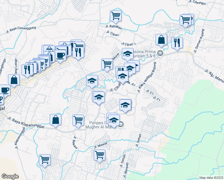 map of restaurants, bars, coffee shops, grocery stores, and more near Jalan Raya Klapanunggal in Bogor