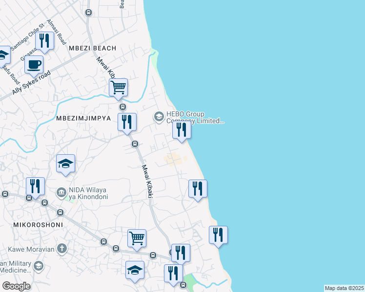 map of restaurants, bars, coffee shops, grocery stores, and more near Off Mwai Kibaki Road in Dar es Salaam