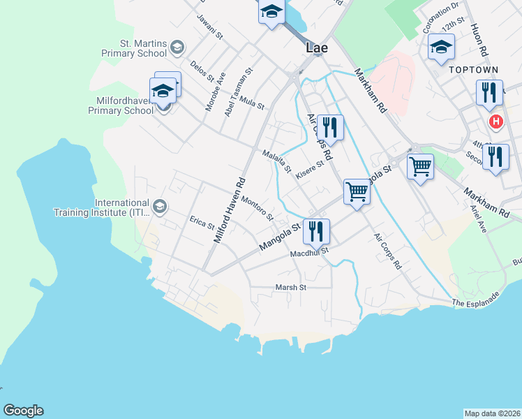 map of restaurants, bars, coffee shops, grocery stores, and more near Montoro Street in Lae