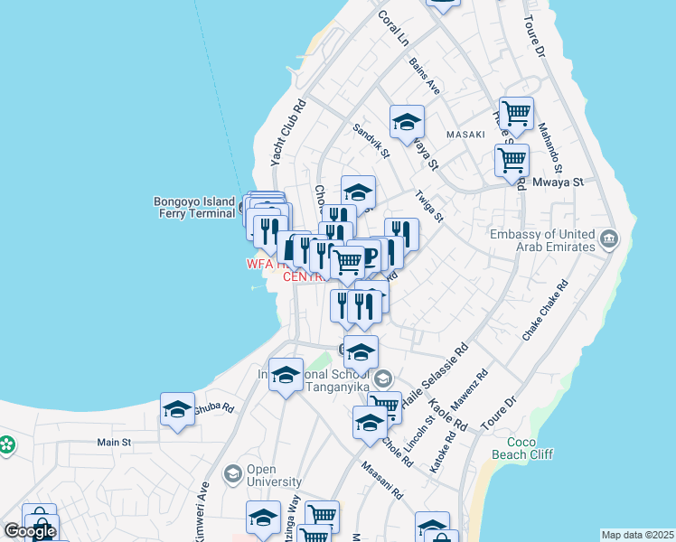 map of restaurants, bars, coffee shops, grocery stores, and more near Chole Road in Dar es Salaam