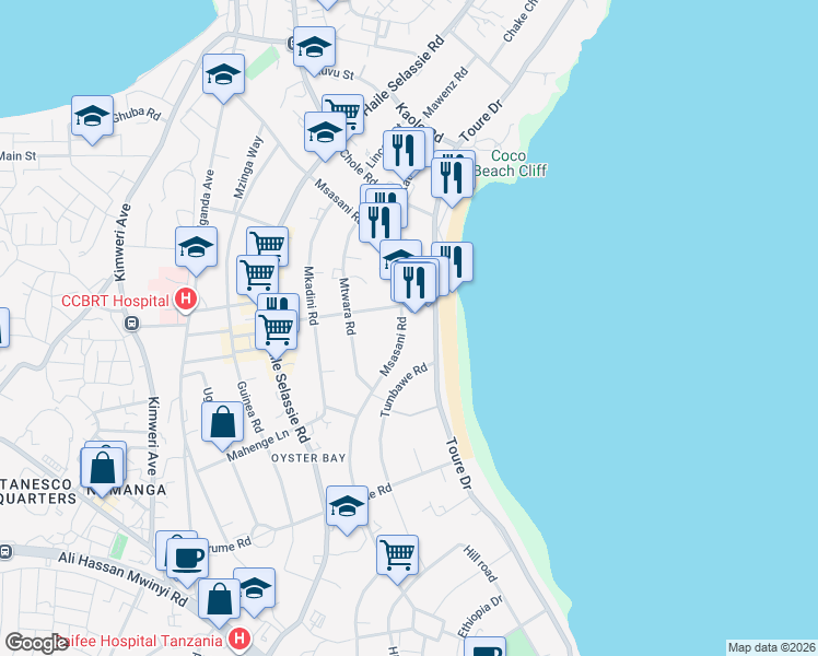 map of restaurants, bars, coffee shops, grocery stores, and more near in Dar es Salaam