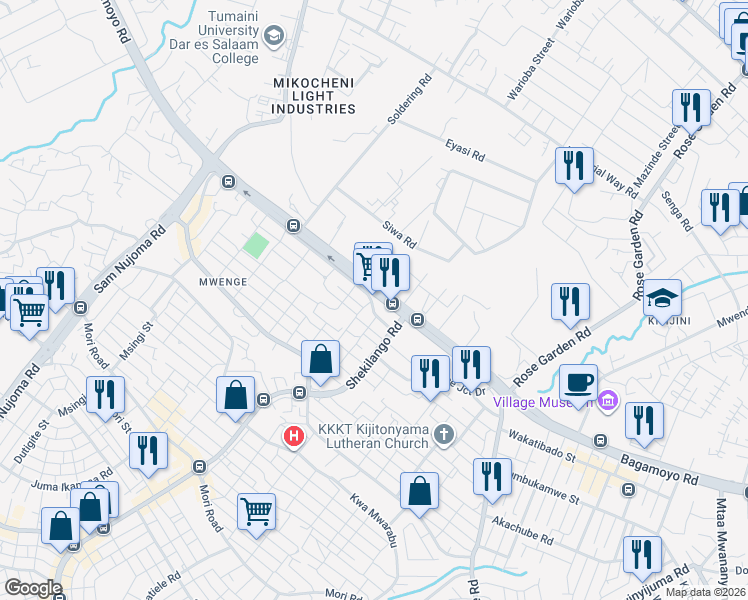 map of restaurants, bars, coffee shops, grocery stores, and more near Shekilango Road in Dar es Salaam
