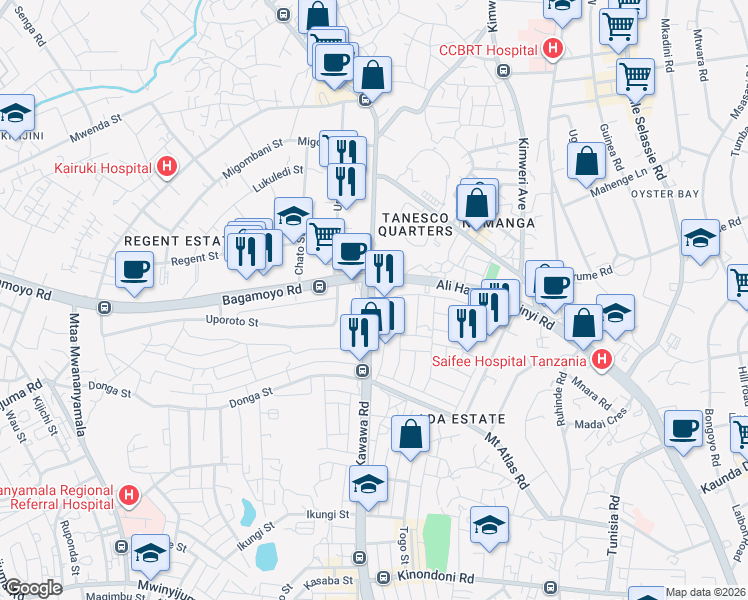 map of restaurants, bars, coffee shops, grocery stores, and more near Ali Hassan Mwinyi Road in Dar es Salaam