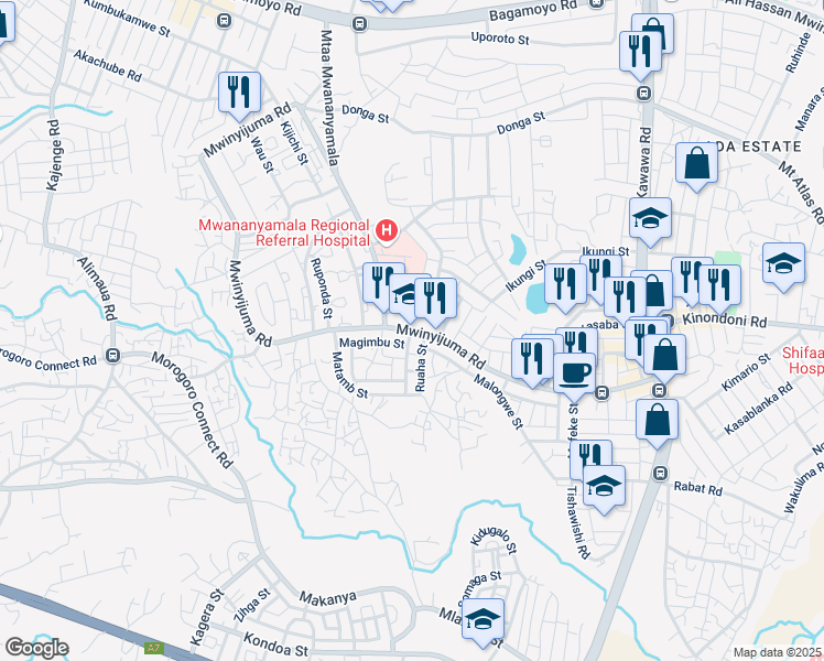 map of restaurants, bars, coffee shops, grocery stores, and more near Mwinyijuma Road in Dar es Salaam
