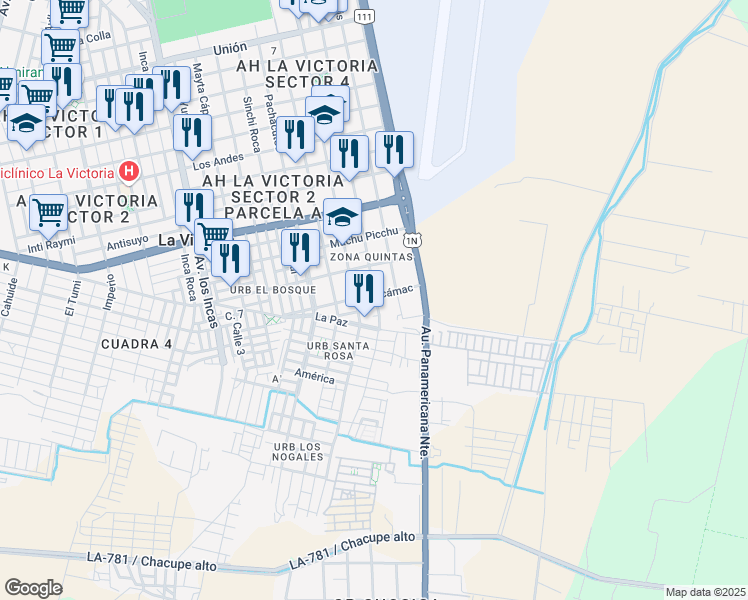 map of restaurants, bars, coffee shops, grocery stores, and more near 2012 Avenida Manuel Seoane in La Victoria