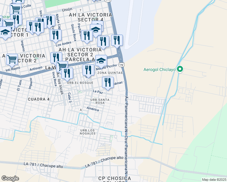 map of restaurants, bars, coffee shops, grocery stores, and more near 2012 Avenida Manuel Seoane in La Victoria
