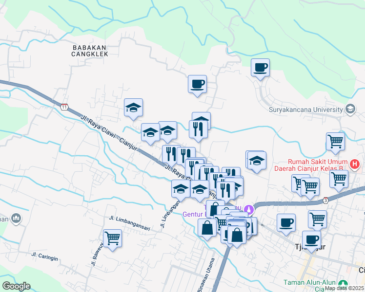 map of restaurants, bars, coffee shops, grocery stores, and more near Jalan Panembong Girang in Kabupaten Cianjur