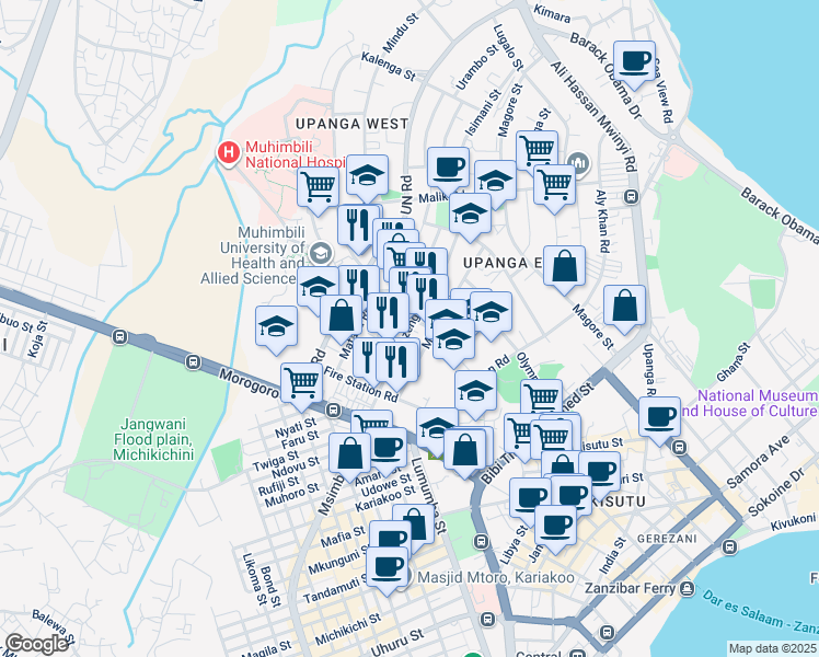 map of restaurants, bars, coffee shops, grocery stores, and more near Mazengo Rd in Dar es Salaam
