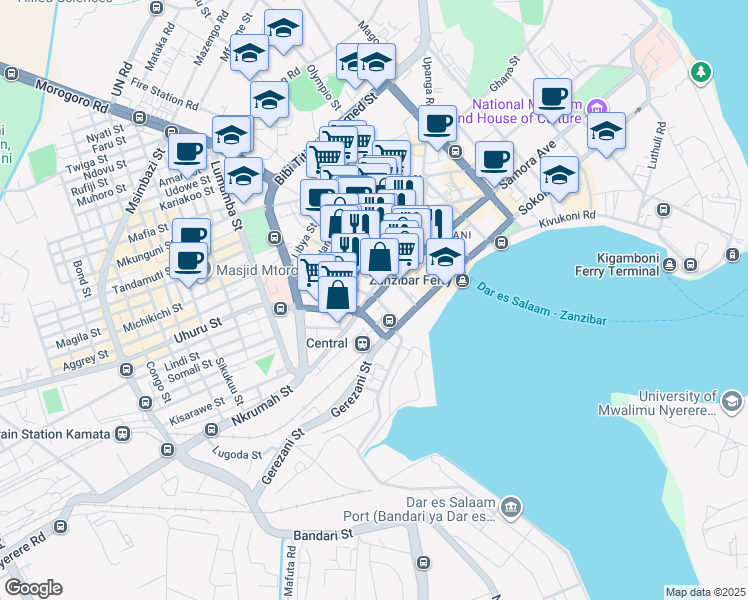 map of restaurants, bars, coffee shops, grocery stores, and more near Samora Machel Avenue in Dar es Salaam