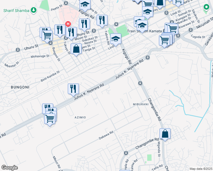 map of restaurants, bars, coffee shops, grocery stores, and more near Julius K. Nyerere Road in Dar es Salaam