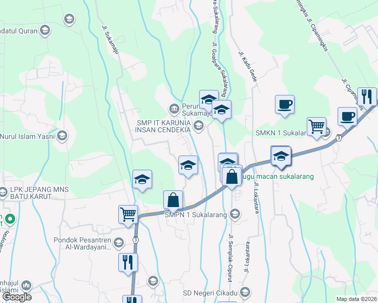 map of restaurants, bars, coffee shops, grocery stores, and more near Jalan Balai Desa in Sukabumi