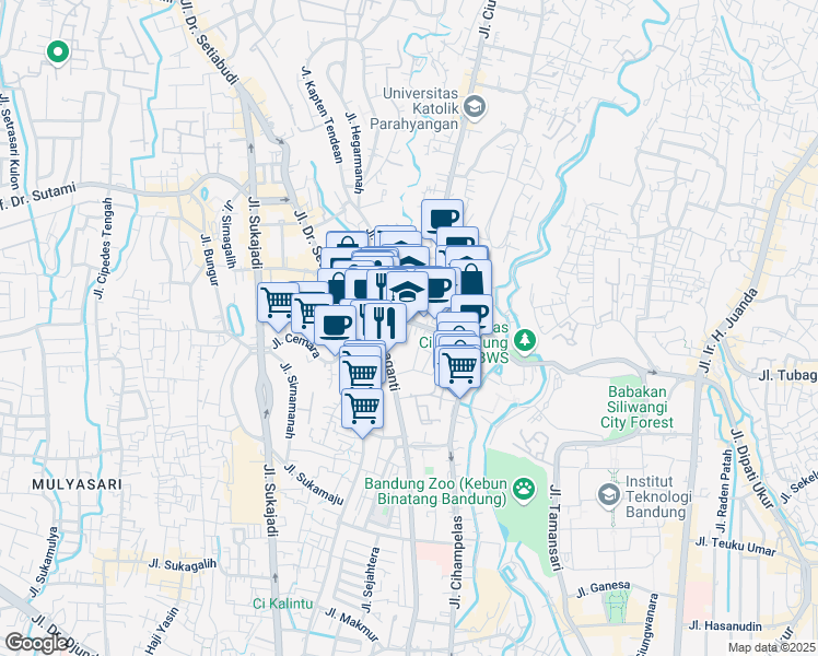 map of restaurants, bars, coffee shops, grocery stores, and more near Jalan Cipaganti Permai 2 in Bandung
