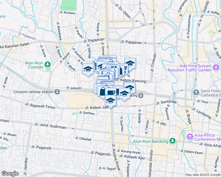 map of restaurants, bars, coffee shops, grocery stores, and more near Jalan HOS Cokroaminoto in Bandung