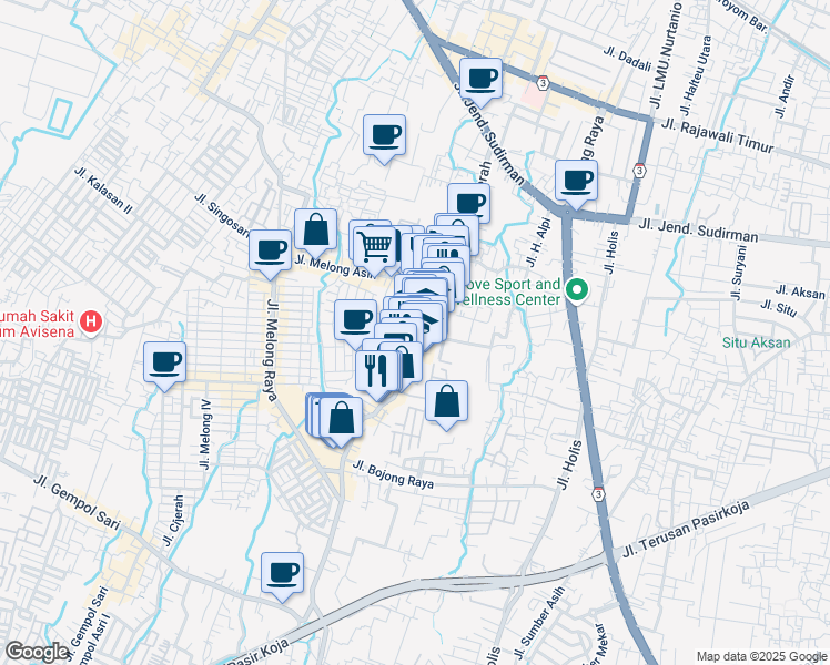 map of restaurants, bars, coffee shops, grocery stores, and more near 128 Jalan Raya Cijerah in Kota Bandung