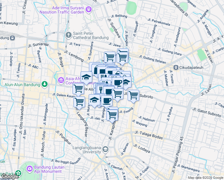 map of restaurants, bars, coffee shops, grocery stores, and more near 141-149 Jalan Asia Afrika in Kota Bandung