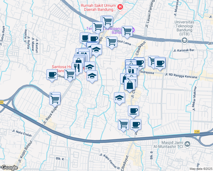 map of restaurants, bars, coffee shops, grocery stores, and more near Jalan Kopo Bizpark in Kota Bandung