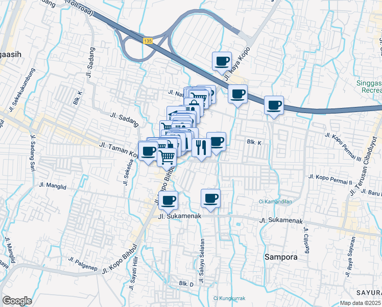 map of restaurants, bars, coffee shops, grocery stores, and more near Jalan Raya Kopo Bihbul in Bandung