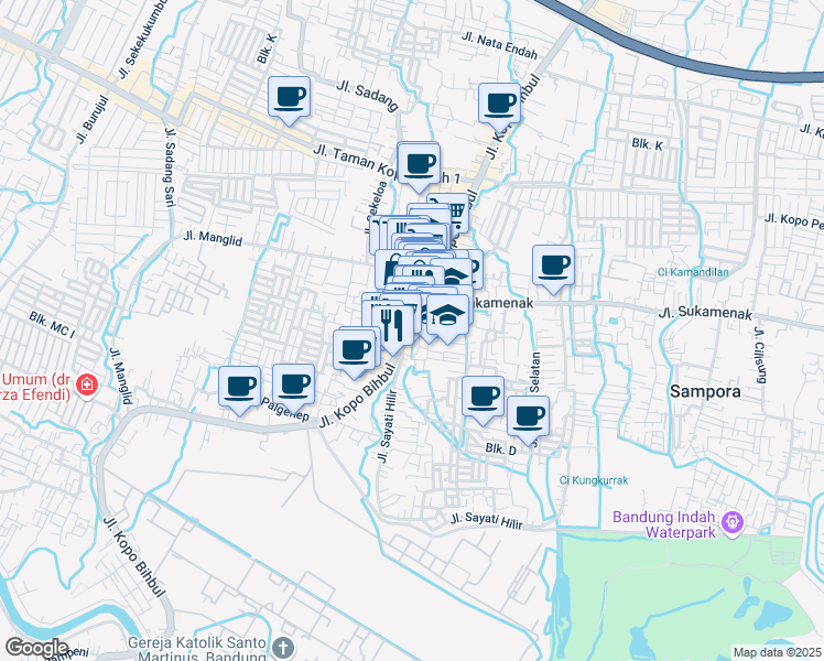 map of restaurants, bars, coffee shops, grocery stores, and more near Jalan Raya Kopo Bihbul in Bandung