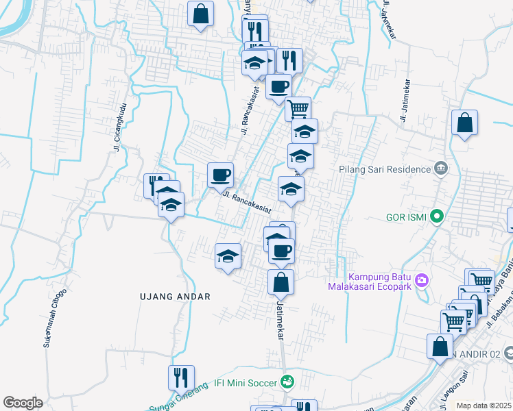 map of restaurants, bars, coffee shops, grocery stores, and more near Jalan Ranca Kasiat in Bandung