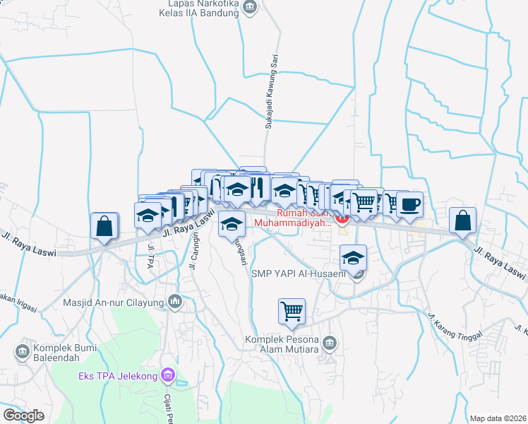 map of restaurants, bars, coffee shops, grocery stores, and more near Jalan Raya Laswi in Kabupaten Bandung