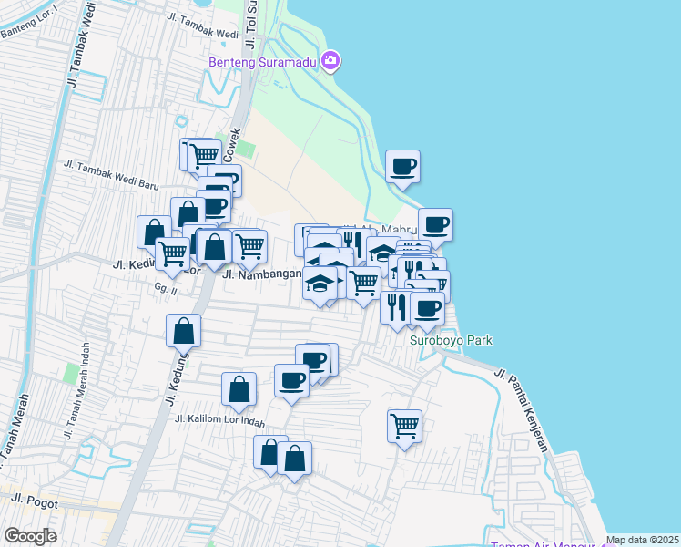 map of restaurants, bars, coffee shops, grocery stores, and more near Kedinding Lor Gang Manggis in Kota Surabaya