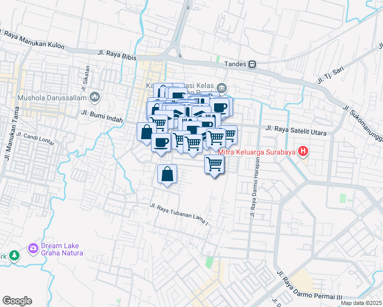 map of restaurants, bars, coffee shops, grocery stores, and more near Jalan Tubanan Baru I in Kota Surabaya