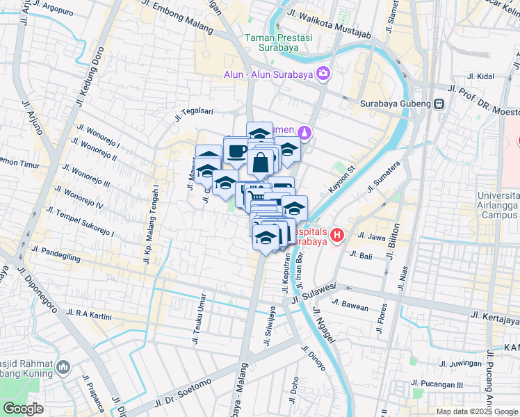 map of restaurants, bars, coffee shops, grocery stores, and more near Jalan Jenderal Basuki Rahmat in Surabaya