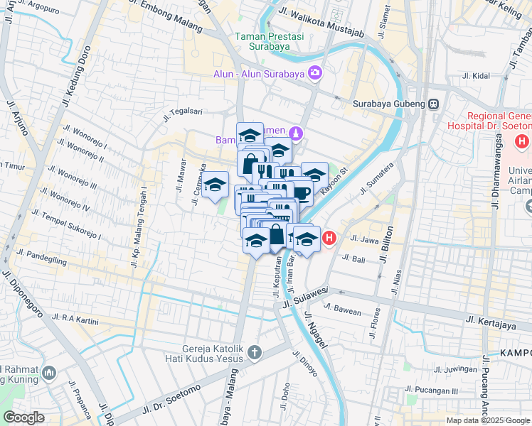 map of restaurants, bars, coffee shops, grocery stores, and more near 66-68 Jalan Panglima Sudirman in Kota Surabaya