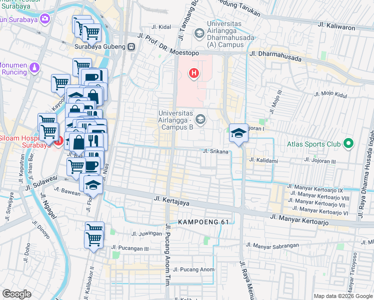 map of restaurants, bars, coffee shops, grocery stores, and more near Srikana in Surabaya