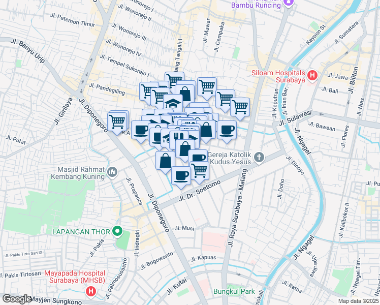 map of restaurants, bars, coffee shops, grocery stores, and more near 68 - 78 Jalan Raya Darmo in Kota Surabaya