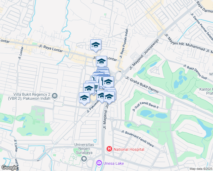 map of restaurants, bars, coffee shops, grocery stores, and more near 2 Jalan Mayjen Yono Suwoyo in Kota Surabaya
