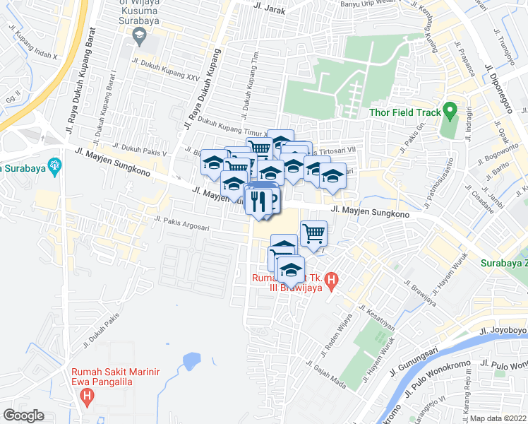 map of restaurants, bars, coffee shops, grocery stores, and more near 87 Jalan Mayjen Sungkono in Kota Surabaya