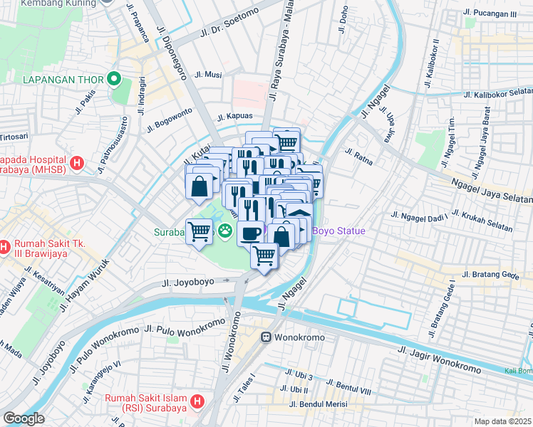 map of restaurants, bars, coffee shops, grocery stores, and more near Jalan Raya Darmo in Surabaya