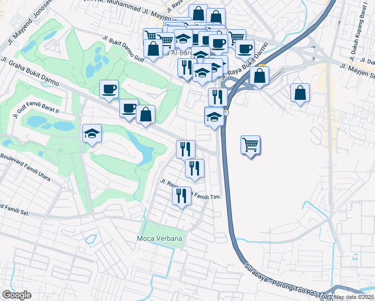 map of restaurants, bars, coffee shops, grocery stores, and more near 40A Jalan Graha Famili Utara III in Surabaya