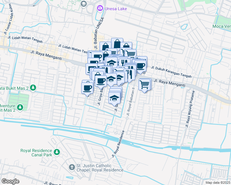 map of restaurants, bars, coffee shops, grocery stores, and more near 37 Jalan Griya Babatan Mukti VI in Kota Surabaya