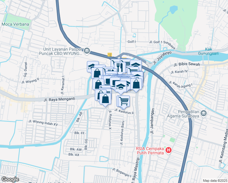 map of restaurants, bars, coffee shops, grocery stores, and more near 35 Jalan Raya Menganti in Kota Surabaya