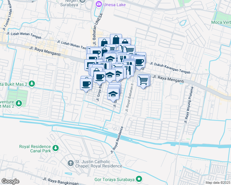 map of restaurants, bars, coffee shops, grocery stores, and more near 33 Jalan Griya Babatan Mukti VIII in Kota Surabaya