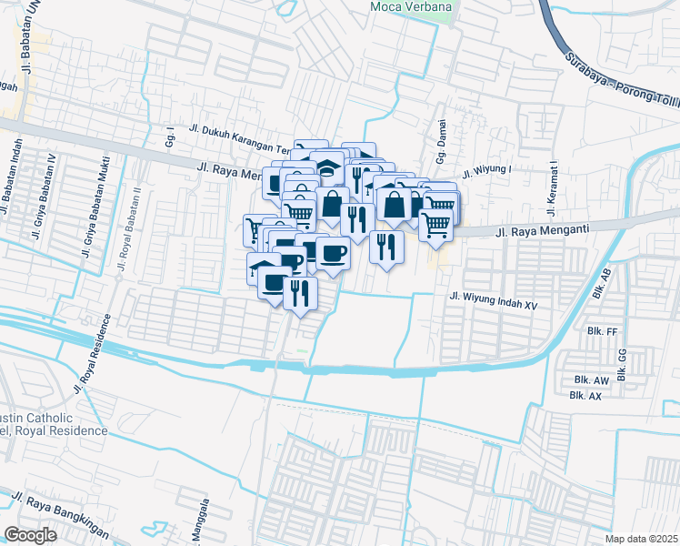 map of restaurants, bars, coffee shops, grocery stores, and more near 32 Jalan Wiyung Brantas Permai II in Kota Surabaya